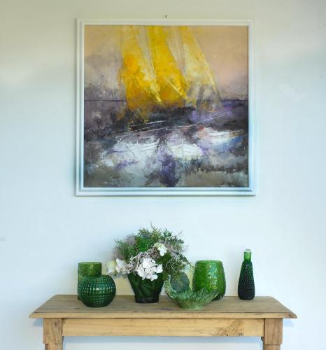 a painting hanging on a wall with vases on a table at Lake View 30 in Sulzano