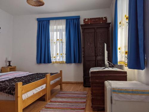 1 dormitorio con 2 camas y cortinas azules en Casa Traditionala Clisciova en Murighiol