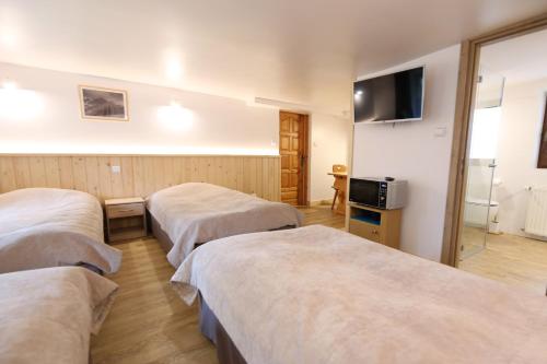 ザコパネにあるPokoje Gościnne Stanekのベッド3台、薄型テレビが備わるホテルルームです。