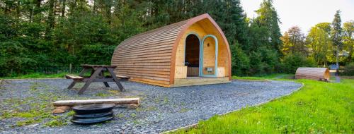 Dalmellington的住宿－Glamping Pod 2 Magical Craigengillan Estate，小型木制结构,设有野餐桌和烧烤架
