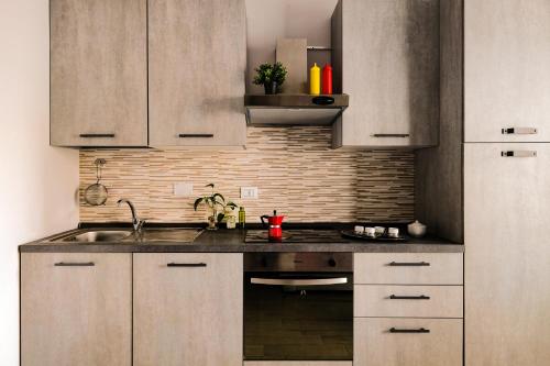 a kitchen with wooden cabinets and a sink at La Mansarda Vintage in Moncalieri