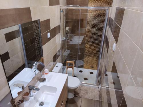 een badkamer met een wastafel, een toilet en een douche bij Casinha Azul in Lagos