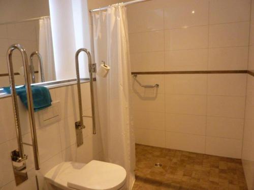 y baño con ducha y aseo. en Niemann's Gasthof en Reinbek