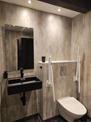 W łazience znajduje się toaleta, umywalka i lustro. w obiekcie New flat with hot tub - No2 w mieście Oyndarfjørður