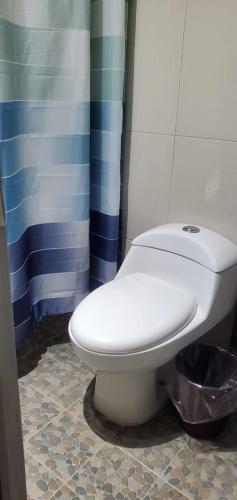 a white toilet in a bathroom with a shower curtain at Casa Biznaga in Oaxaca City
