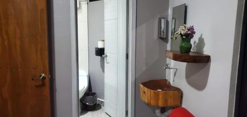 a bathroom with a toilet and a vase of flowers at Casa Biznaga in Oaxaca City