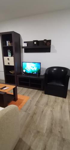 un soggiorno con sedia in pelle nera e TV a schermo piatto di Apartman MAŠA a Jagodina