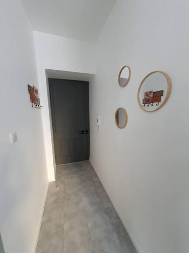 un couloir avec des murs blancs, une porte et des miroirs dans l'établissement Roanne centre, appartement refait à neuf., à Roanne