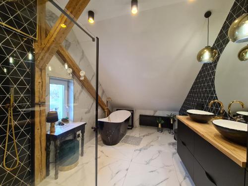 uma casa de banho com um chuveiro, uma banheira e um lavatório. em Apartament Ptasia Ostoja - 5D Apartamenty em Świeradów-Zdrój