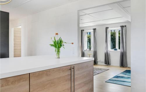 una cocina con encimeras blancas y armarios de madera en 3 Bedroom Awesome Home In Sams, en Nordby