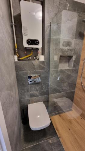 Un baño con inodoro y ducha de cristal. en Apartament w Centrum, en Częstochowa