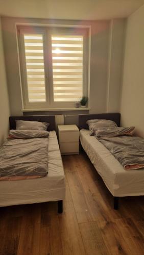 two beds sitting in a room with a window at Apartament w Centrum in Częstochowa