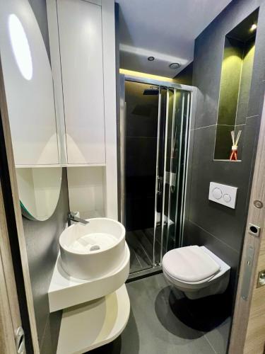 une salle de bain avec toilettes, lavabo et douche dans l'établissement Charmant Appartement port Lympia - NICE, à Nice