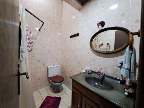 ein Badezimmer mit einem Waschbecken, einem Spiegel und einem WC in der Unterkunft Paradisíaco, piscina e churrasqueira em Guapi. in Guapimirim