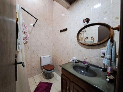 a bathroom with a sink and a mirror and a toilet at Paradisíaco, piscina e churrasqueira em Guapimirim in Barreira