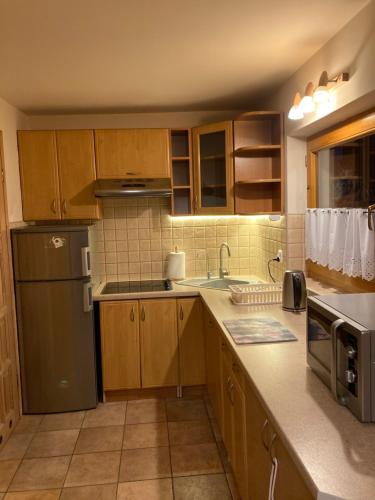 uma cozinha com armários de madeira e um frigorífico de aço inoxidável em JEDYNOCKA em Kościelisko