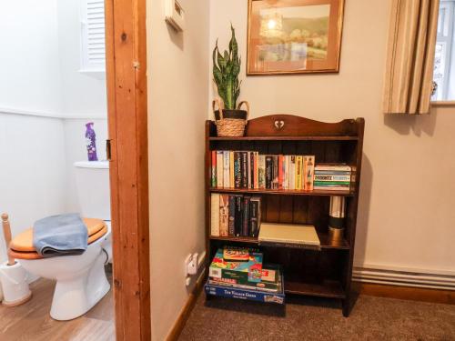 a book shelf filled with books next to a toilet at Delft Cottage in Robin Hood's Bay