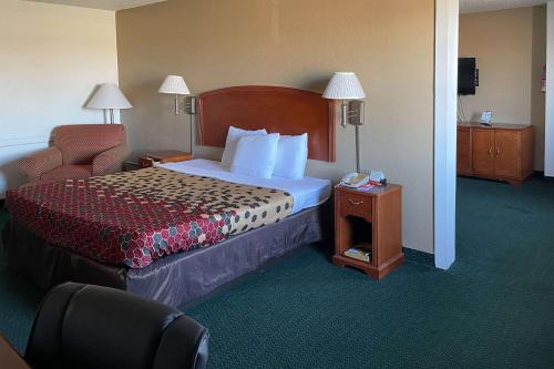 ein Hotelzimmer mit einem Bett und einem Stuhl in der Unterkunft Econo Lodge in Kalamazoo