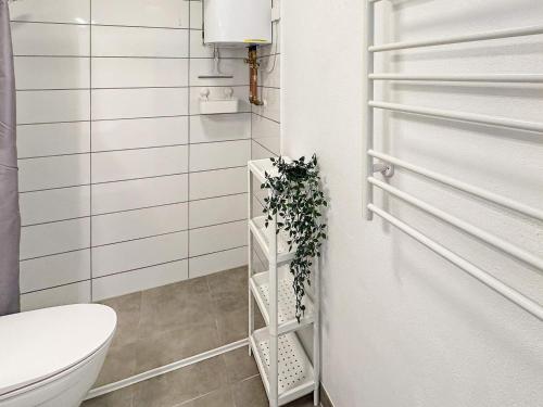 VestervigにあるHoliday Home Havvængeのバスルーム(トイレ付)が備わります。棚に植物を用意しています。