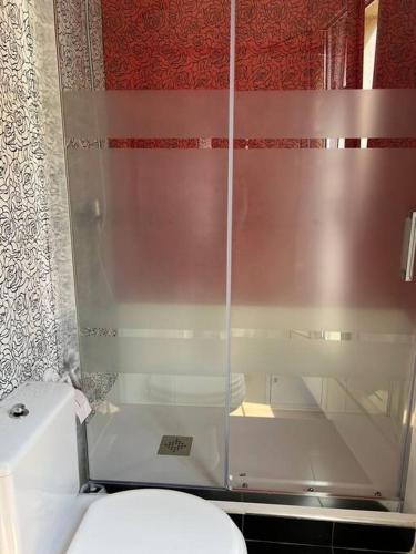 una ducha de cristal en un baño con inodoro en Apartamento Plaza Mayor - Torrelavega, en Torrelavega