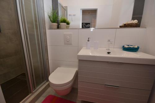 y baño con aseo, lavabo y ducha. en Apartments with a parking space Murvica, Brac - 20190 en Bol