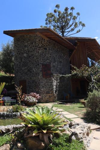 una casa in pietra con una pianta di fronte di Tiny Houses O Olival - aluguel temporada a Cunha