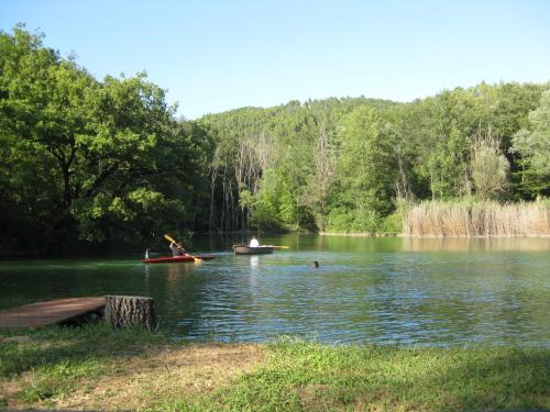 a group of people in a lake with boats at Agriturismo Monterosello in Città di Castello