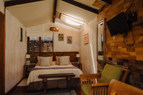 1 dormitorio con 1 cama, TV y silla en Lounge Brasil Hostería Boutique, en Pucón