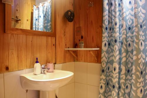 a bathroom with a sink and a shower at Lounge Brasil Hostería Boutique in Pucón