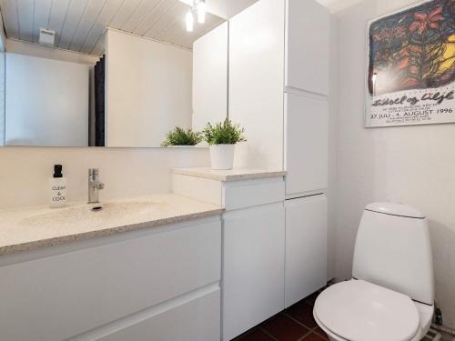 ein Badezimmer mit einem WC, einem Waschbecken und einem Spiegel in der Unterkunft Holiday home Nibe VII in Nibe
