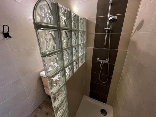 une douche avec une porte vitrée dans une salle de bain dans l'établissement Grand Appartement 2 Pièces Ski aux Pieds à la Croisette, Menuires, 5 Pers. - FR-1-452-181, aux Menuires