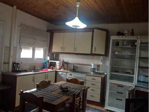 a kitchen with a table and a stove and cabinets at Vasiliki in Dhílesi