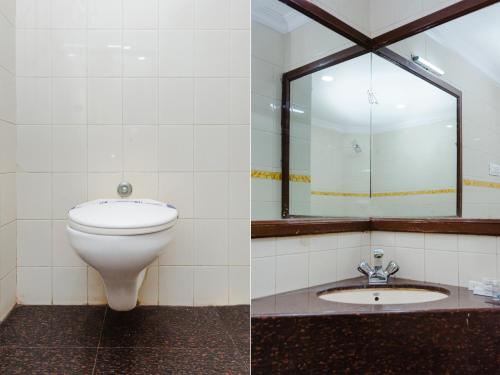 two pictures of a bathroom with a toilet and a sink at Hotel Galaxy Opp Surat Railway Station in Surat