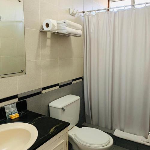 a bathroom with a toilet and a sink and a shower at Hotel Acosta in Iquitos