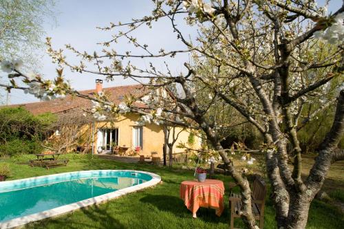 une maison avec une piscine, une table et un arbre dans l'établissement Domaine à Marmande, à Berdoues