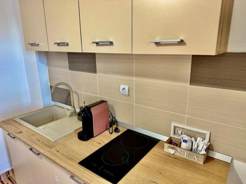 a kitchen with a counter with a sink and a counter sidx sidx sidx at Apartament Novara 2 in Craiova