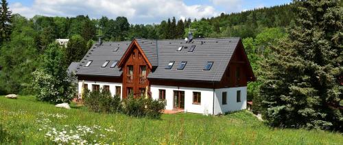 a house with a black roof on a hill at Penzion Jizerská Malina in Bedřichov