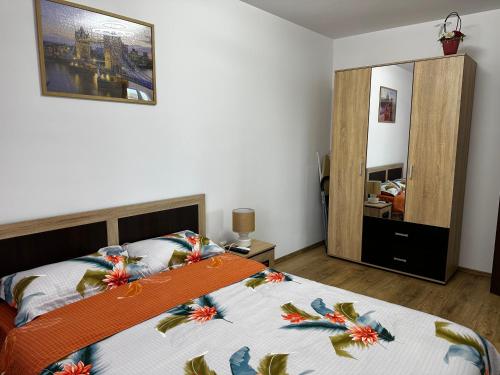 a bedroom with a bed and a mirror at Apartament Elena in Sibiu