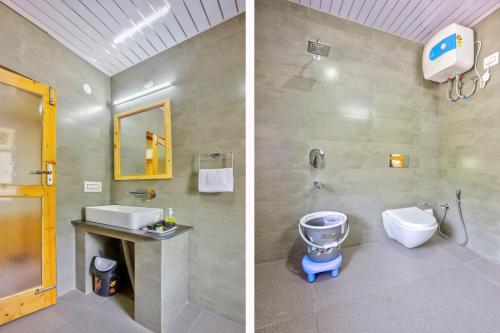 two pictures of a bathroom with a toilet and a sink at Doris Mountain Cabins Tirthan in Banjār