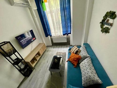 een woonkamer met een blauwe bank en een raam bij Vis-a-Vis Studio - Gara de Nord in Boekarest