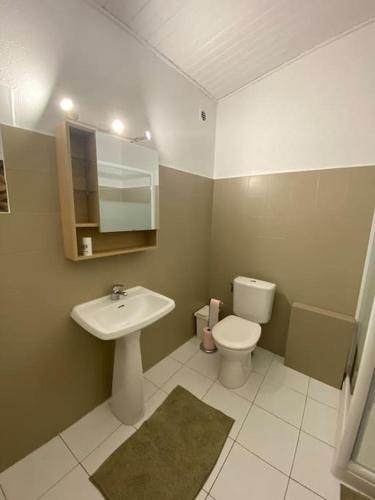 une salle de bain avec un lavabo et des toilettes dans l'établissement T3 avec terrasse au cœur de Portovecchio, à Porto-Vecchio