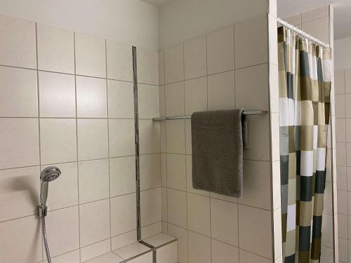 y baño con ducha y toalla verde. en Bei Dörflingers en Klettgau
