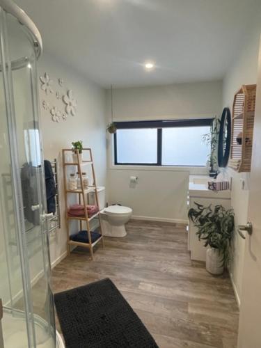 a bathroom with a glass shower and a toilet at Moana BnB, Waikawa Bay, Picton in Waikawa