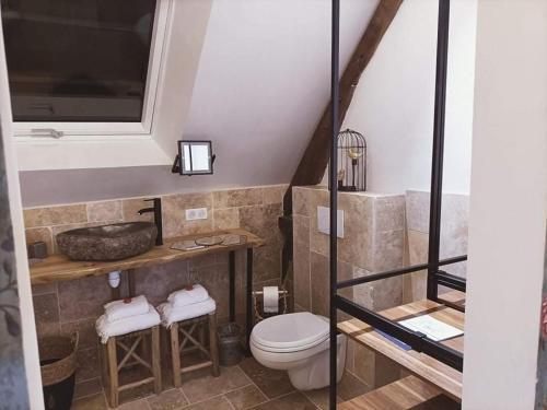 une salle de bain avec toilettes et lavabo dans l'établissement La Maison Bleue, à Juillac