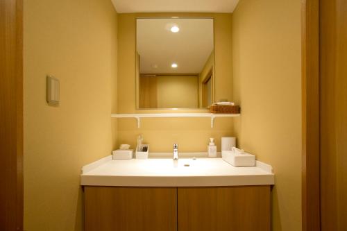 a bathroom with a sink and a mirror at 山荘 風の杜 Sanso Kazenomori in Minoo