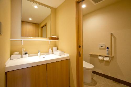 a bathroom with a sink and a toilet and a mirror at 山荘 風の杜 Sanso Kazenomori in Minoo