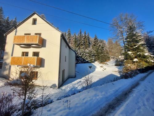 ein weißes Haus im Schnee mit Bäumen in der Unterkunft Rezidence GreenHill ⃰ ⃰ ⃰ in Kraslice