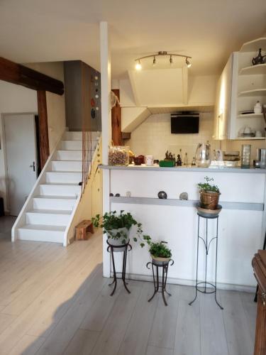 une cuisine avec un escalier et deux tabourets avec des plantes dans l'établissement Chambre dans une grande Maison entre Canal du Midi et Centre Ville, à Béziers
