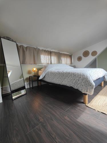 - une chambre avec un lit et un miroir dans l'établissement Appartement Le Baroque en duplex, à Mulhouse