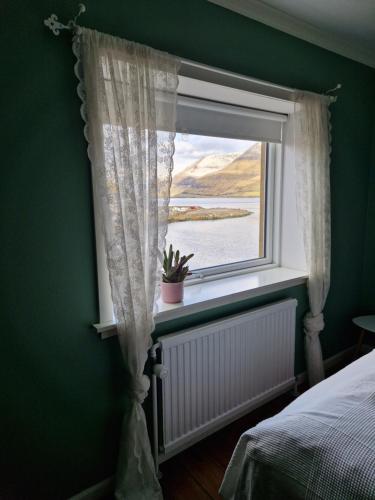 ein Schlafzimmer mit einem Fenster mit einer Topfpflanze in der Unterkunft Guesthouse Hugo in Sørvágur
